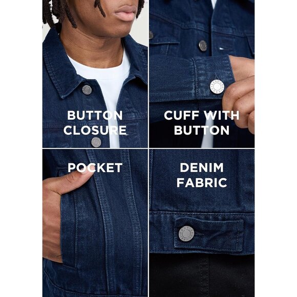 Mens Navy Denim Jacket Washed Ripped Distressed Stretch Casual Trucker - Picture 5 of 9